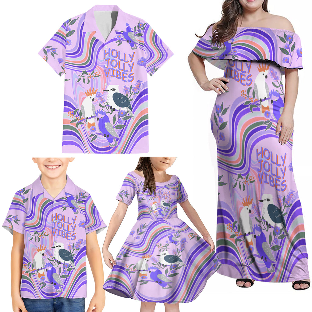 personalised-australia-hippie-christmas-family-matching-off-shoulder-maxi-dress-and-hawaiian-shirt-cockatoo-kookaburra-with-wattle-violet-pastel-color