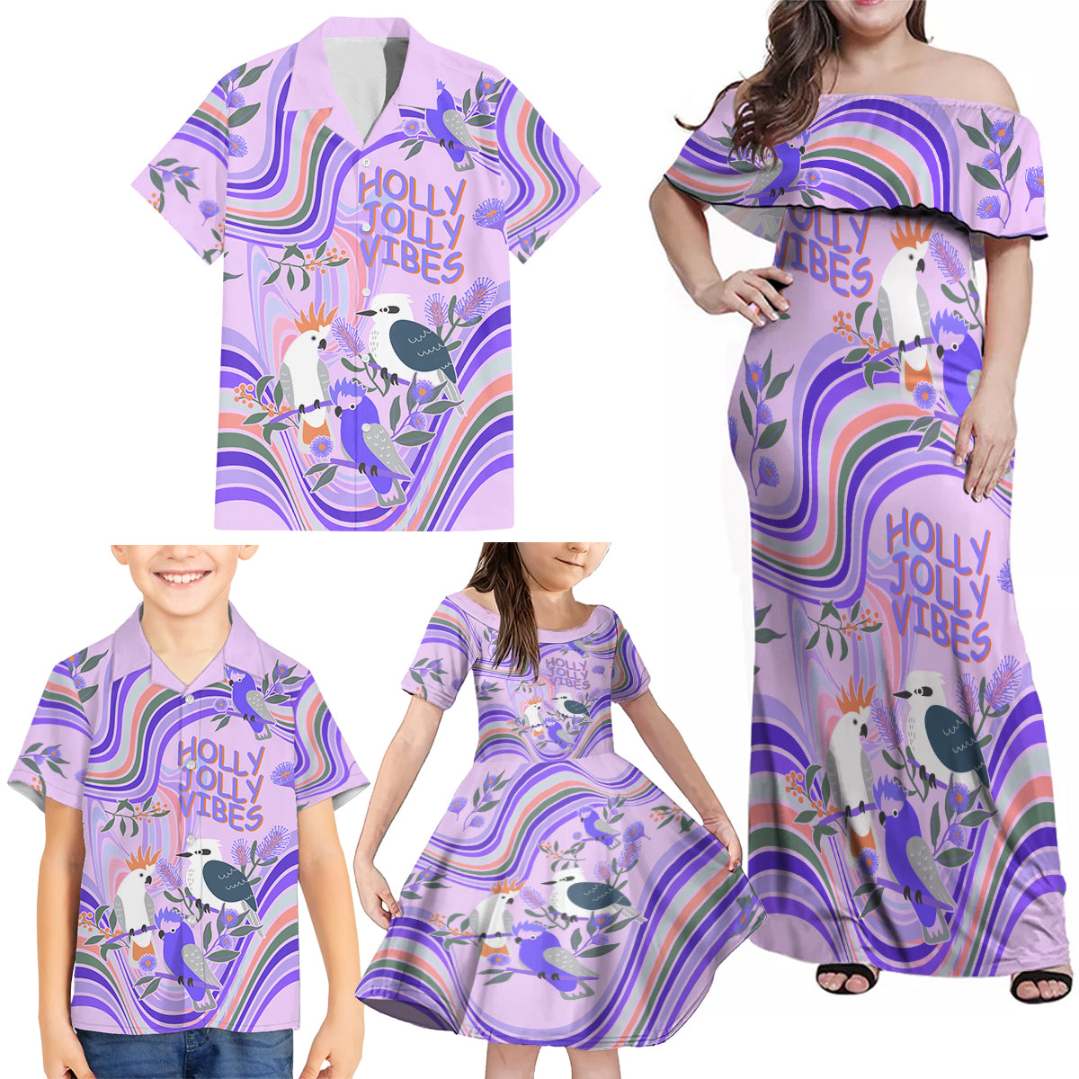 personalised-australia-hippie-christmas-family-matching-off-shoulder-maxi-dress-and-hawaiian-shirt-cockatoo-kookaburra-with-wattle-violet-pastel-color