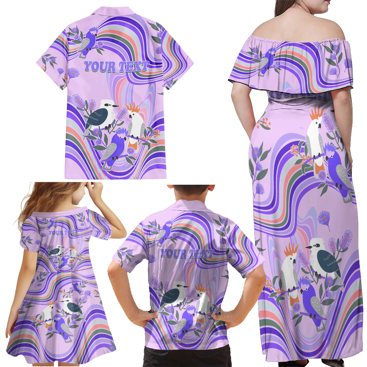 personalised-australia-hippie-christmas-family-matching-off-shoulder-maxi-dress-and-hawaiian-shirt-cockatoo-kookaburra-with-wattle-violet-pastel-color