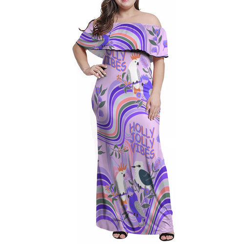 personalised-australia-hippie-christmas-family-matching-off-shoulder-maxi-dress-and-hawaiian-shirt-cockatoo-kookaburra-with-wattle-violet-pastel-color