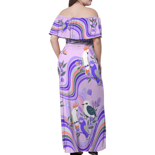 personalised-australia-hippie-christmas-family-matching-off-shoulder-maxi-dress-and-hawaiian-shirt-cockatoo-kookaburra-with-wattle-violet-pastel-color