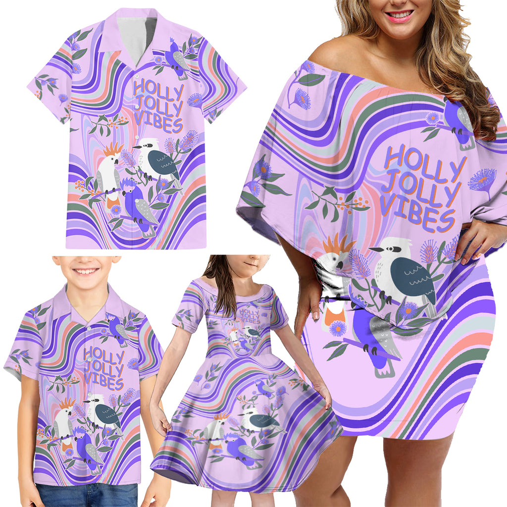 personalised-australia-hippie-christmas-family-matching-off-shoulder-short-dress-and-hawaiian-shirt-cockatoo-kookaburra-with-wattle-violet-pastel-color