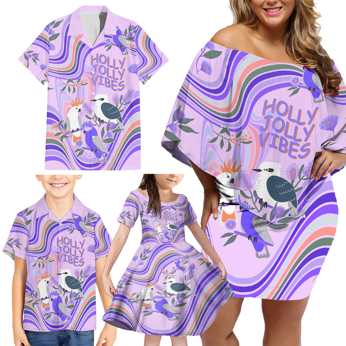 personalised-australia-hippie-christmas-family-matching-off-shoulder-short-dress-and-hawaiian-shirt-cockatoo-kookaburra-with-wattle-violet-pastel-color