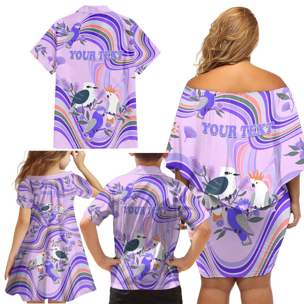 personalised-australia-hippie-christmas-family-matching-off-shoulder-short-dress-and-hawaiian-shirt-cockatoo-kookaburra-with-wattle-violet-pastel-color