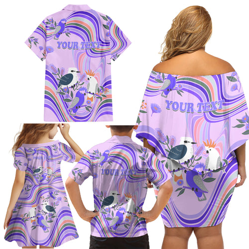 personalised-australia-hippie-christmas-family-matching-off-shoulder-short-dress-and-hawaiian-shirt-cockatoo-kookaburra-with-wattle-violet-pastel-color