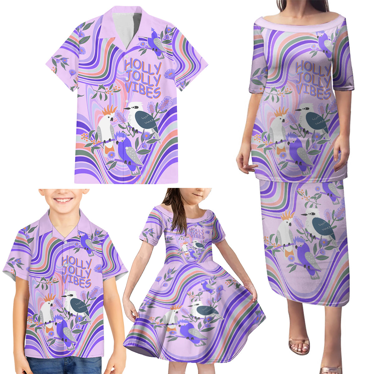 personalised-australia-hippie-christmas-family-matching-puletasi-dress-and-hawaiian-shirt-cockatoo-kookaburra-with-wattle-violet-pastel-color