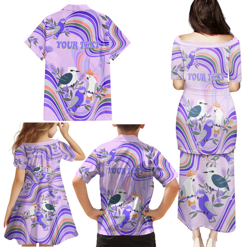 personalised-australia-hippie-christmas-family-matching-puletasi-dress-and-hawaiian-shirt-cockatoo-kookaburra-with-wattle-violet-pastel-color