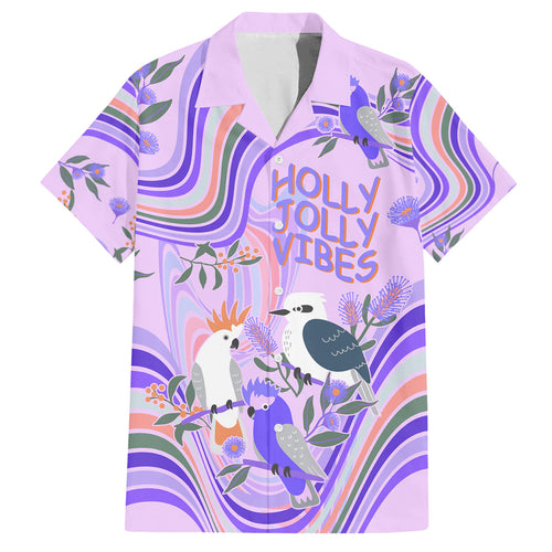 personalised-australia-hippie-christmas-family-matching-puletasi-dress-and-hawaiian-shirt-cockatoo-kookaburra-with-wattle-violet-pastel-color