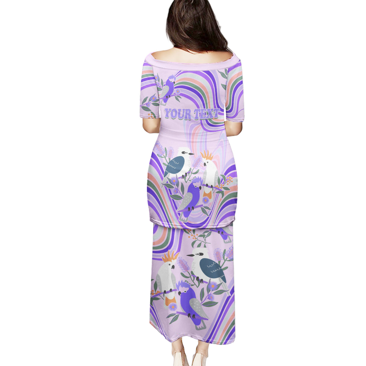 personalised-australia-hippie-christmas-family-matching-puletasi-dress-and-hawaiian-shirt-cockatoo-kookaburra-with-wattle-violet-pastel-color