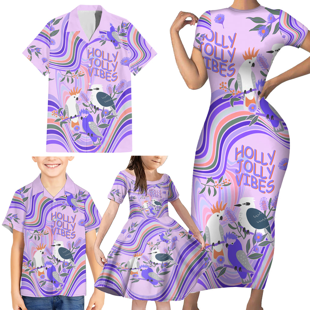 personalised-australia-hippie-christmas-family-matching-short-sleeve-bodycon-dress-and-hawaiian-shirt-cockatoo-kookaburra-with-wattle-violet-pastel-color