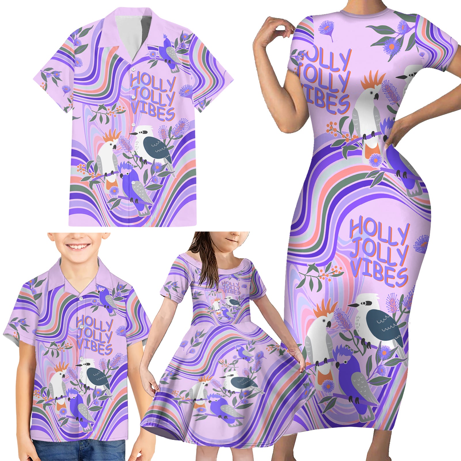 personalised-australia-hippie-christmas-family-matching-short-sleeve-bodycon-dress-and-hawaiian-shirt-cockatoo-kookaburra-with-wattle-violet-pastel-color