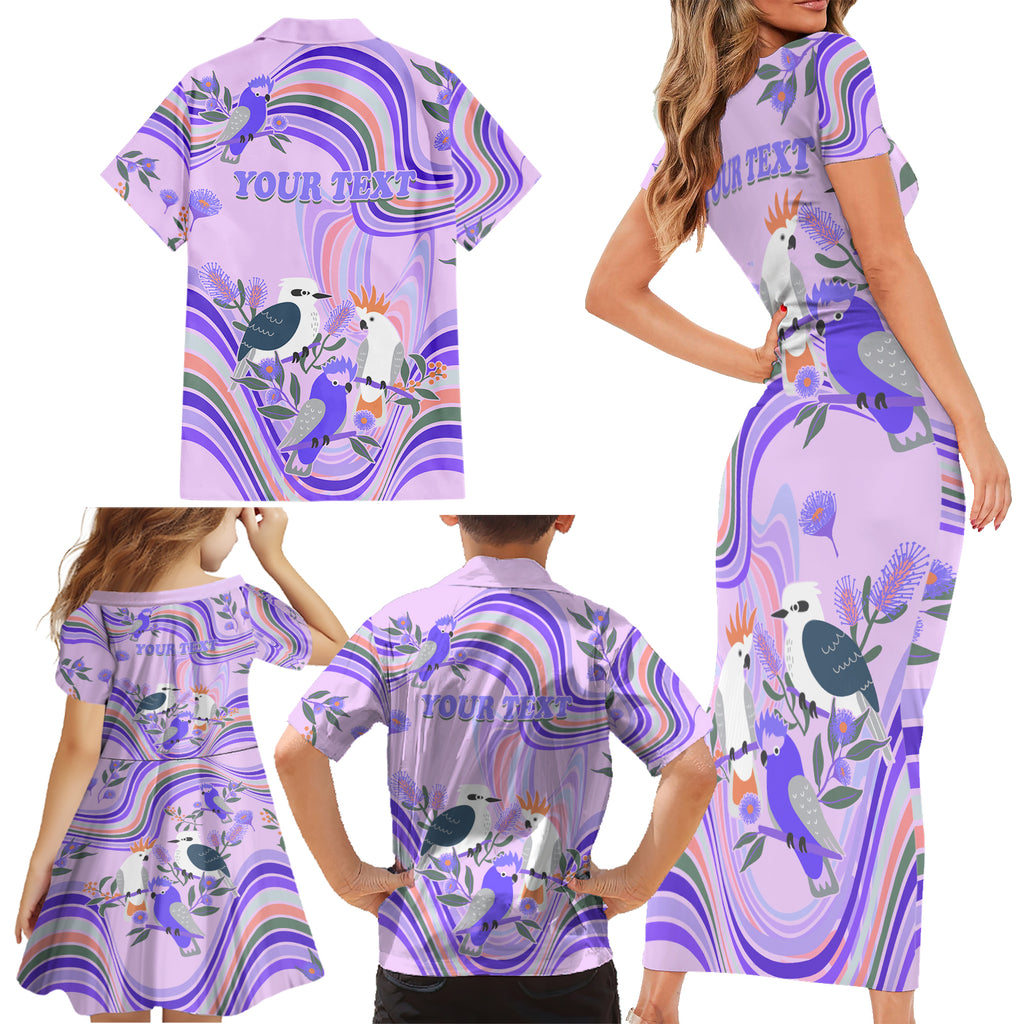 personalised-australia-hippie-christmas-family-matching-short-sleeve-bodycon-dress-and-hawaiian-shirt-cockatoo-kookaburra-with-wattle-violet-pastel-color