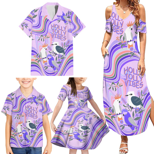 personalised-australia-hippie-christmas-family-matching-summer-maxi-dress-and-hawaiian-shirt-cockatoo-kookaburra-with-wattle-violet-pastel-color