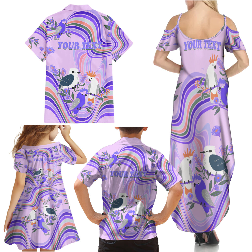 personalised-australia-hippie-christmas-family-matching-summer-maxi-dress-and-hawaiian-shirt-cockatoo-kookaburra-with-wattle-violet-pastel-color