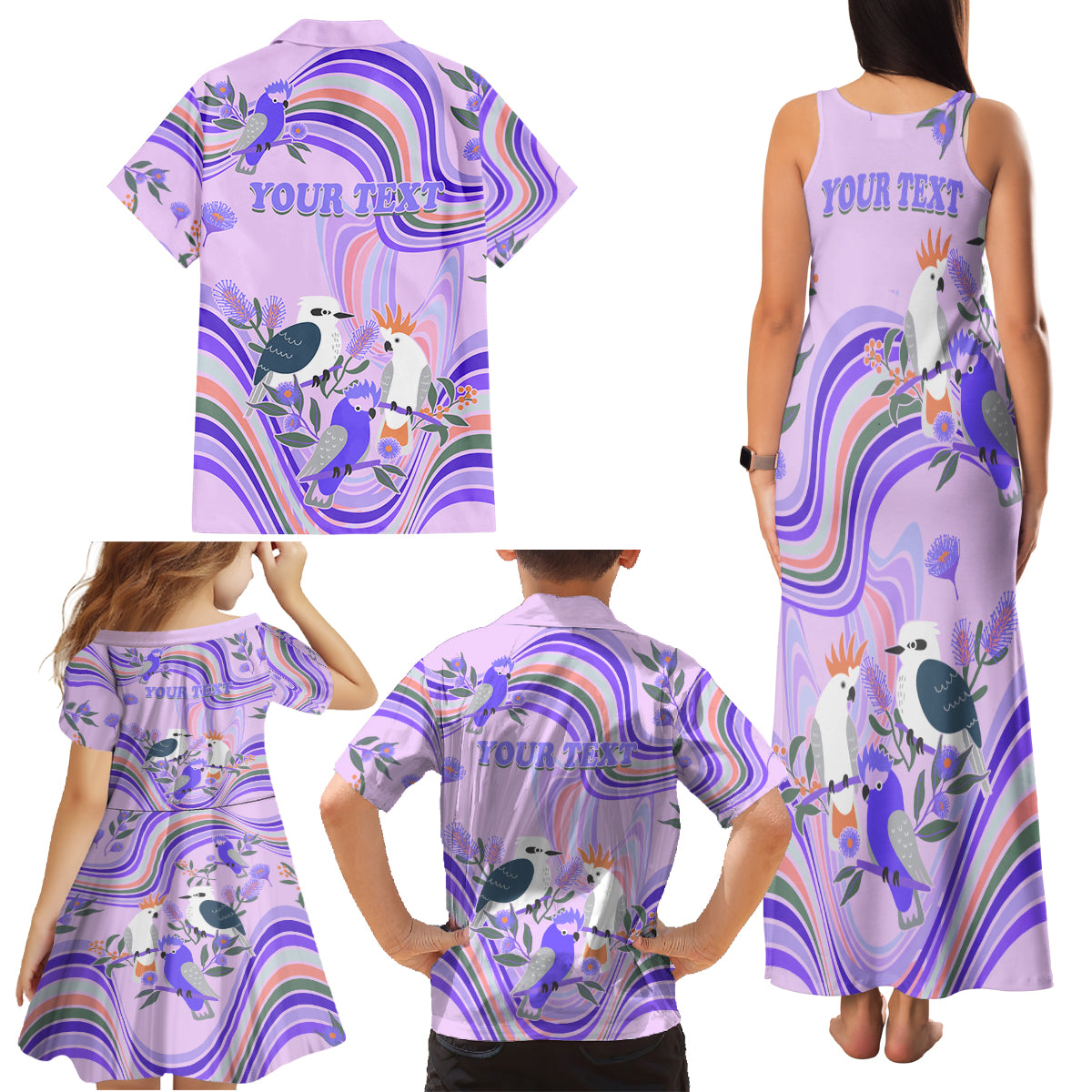 personalised-australia-hippie-christmas-family-matching-tank-maxi-dress-and-hawaiian-shirt-cockatoo-kookaburra-with-wattle-violet-pastel-color