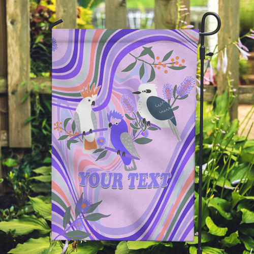 personalised-australia-hippie-christmas-garden-flag-cockatoo-kookaburra-with-wattle-violet-pastel-color