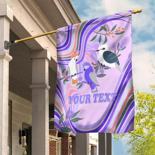 personalised-australia-hippie-christmas-garden-flag-cockatoo-kookaburra-with-wattle-violet-pastel-color