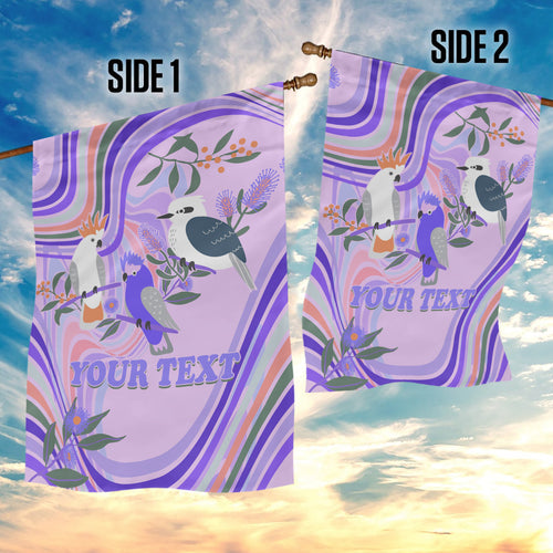 personalised-australia-hippie-christmas-garden-flag-cockatoo-kookaburra-with-wattle-violet-pastel-color