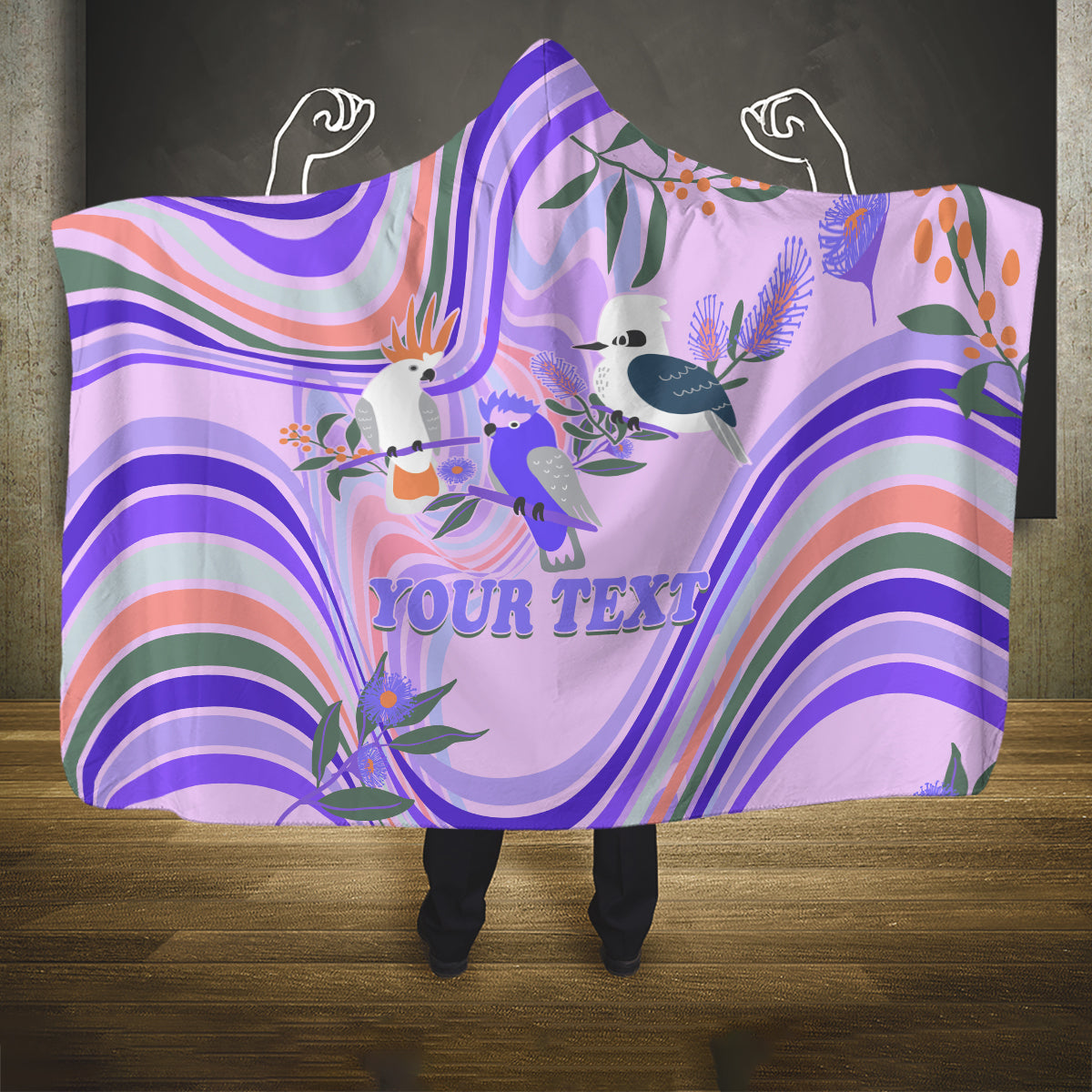 personalised-australia-hippie-christmas-hooded-blanket-cockatoo-kookaburra-with-wattle-violet-pastel-color
