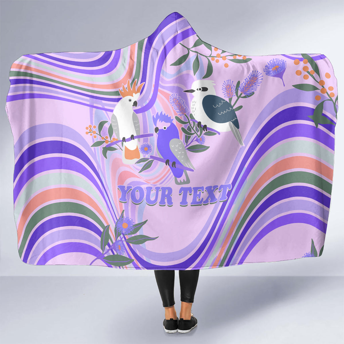 personalised-australia-hippie-christmas-hooded-blanket-cockatoo-kookaburra-with-wattle-violet-pastel-color