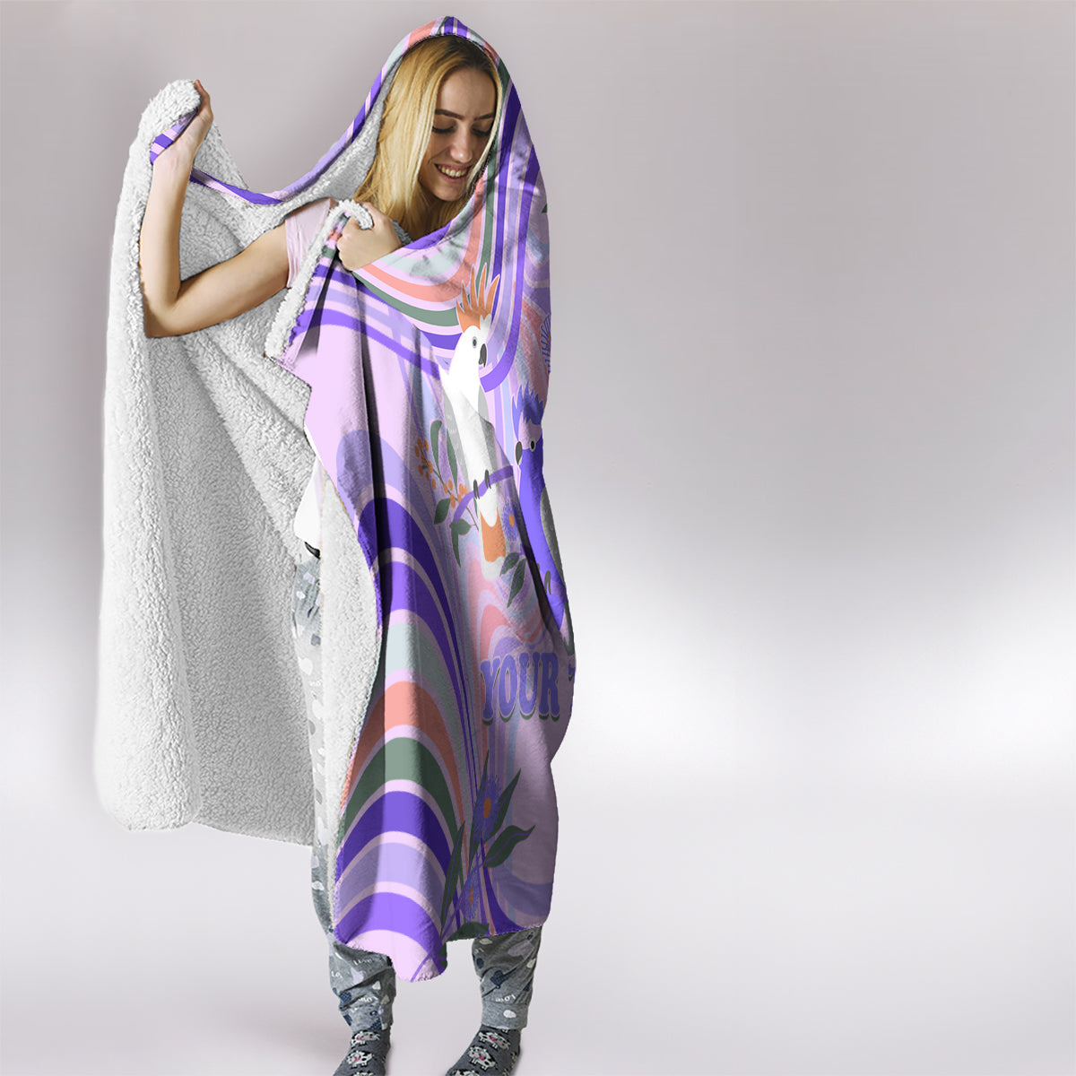 personalised-australia-hippie-christmas-hooded-blanket-cockatoo-kookaburra-with-wattle-violet-pastel-color