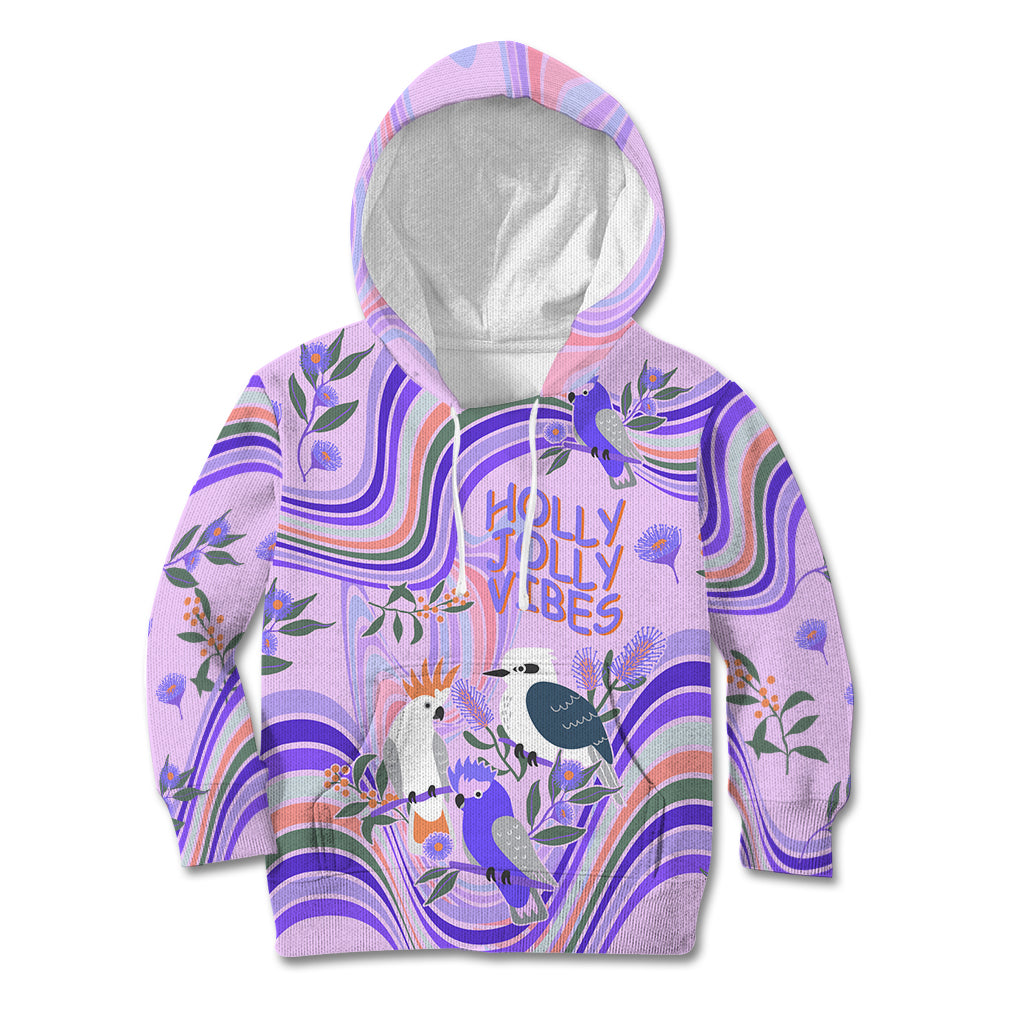 personalised-australia-hippie-christmas-kid-hoodie-cockatoo-kookaburra-with-wattle-violet-pastel-color