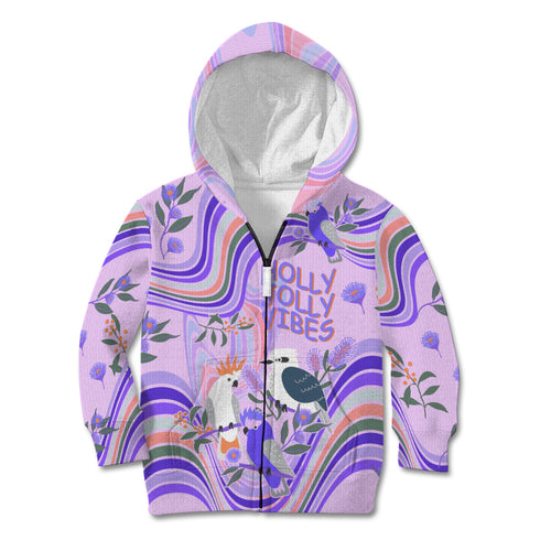 personalised-australia-hippie-christmas-kid-hoodie-cockatoo-kookaburra-with-wattle-violet-pastel-color