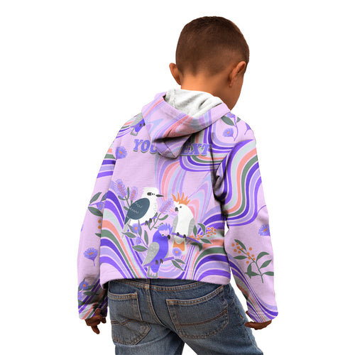 personalised-australia-hippie-christmas-kid-hoodie-cockatoo-kookaburra-with-wattle-violet-pastel-color