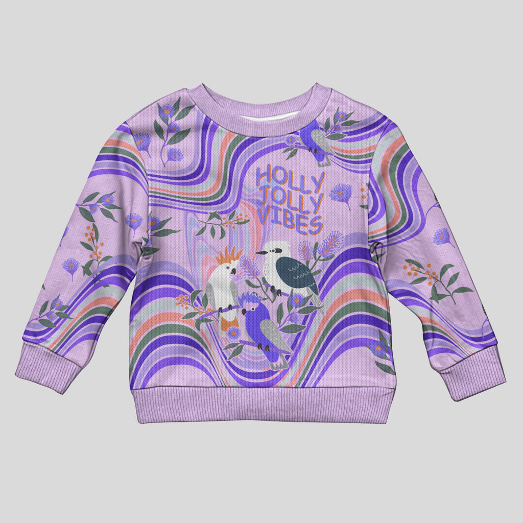 personalised-australia-hippie-christmas-kid-ugly-christmas-sweater-cockatoo-kookaburra-with-wattle-violet-pastel-color