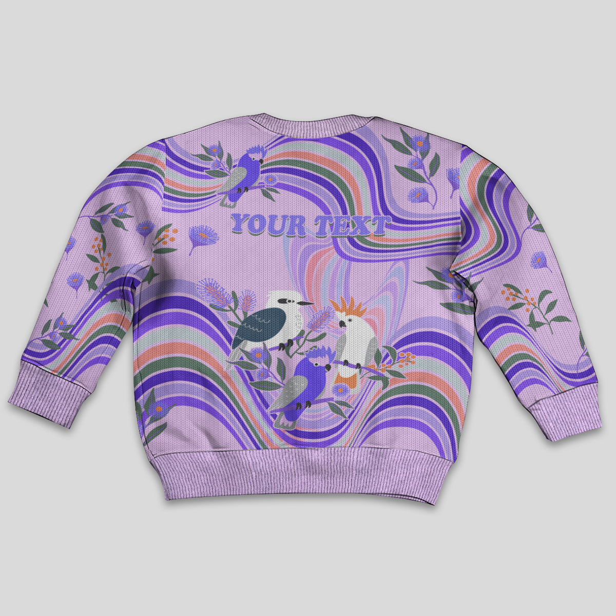 personalised-australia-hippie-christmas-kid-ugly-christmas-sweater-cockatoo-kookaburra-with-wattle-violet-pastel-color