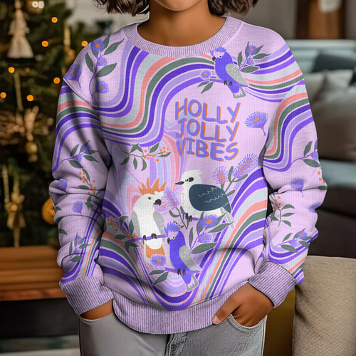 personalised-australia-hippie-christmas-kid-ugly-christmas-sweater-cockatoo-kookaburra-with-wattle-violet-pastel-color