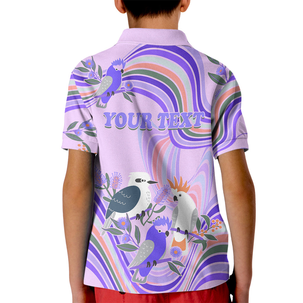 personalised-australia-hippie-christmas-kid-polo-shirt-cockatoo-kookaburra-with-wattle-violet-pastel-color
