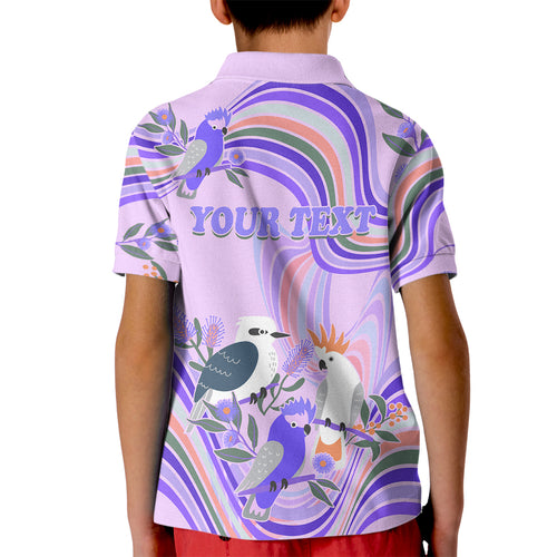 personalised-australia-hippie-christmas-kid-polo-shirt-cockatoo-kookaburra-with-wattle-violet-pastel-color