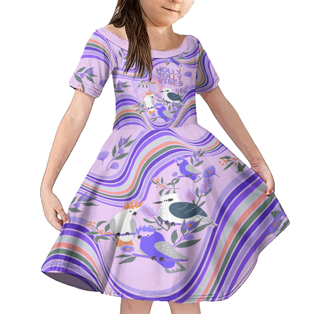 personalised-australia-hippie-christmas-kid-short-sleeve-dress-cockatoo-kookaburra-with-wattle-violet-pastel-color
