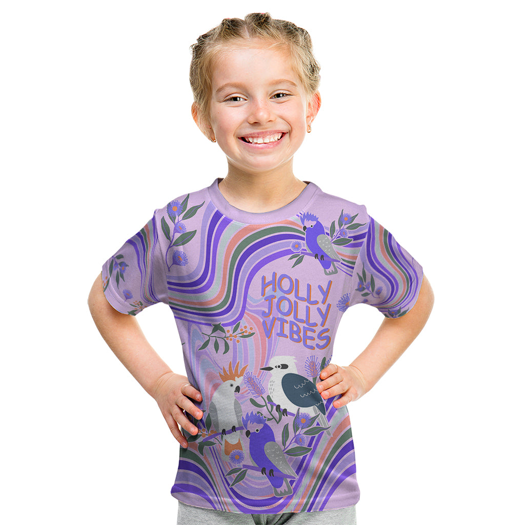 personalised-australia-hippie-christmas-kid-t-shirt-cockatoo-kookaburra-with-wattle-violet-pastel-color