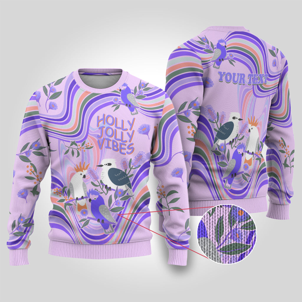 personalised-australia-hippie-christmas-ugly-christmas-sweater-cockatoo-kookaburra-with-wattle-violet-pastel-color