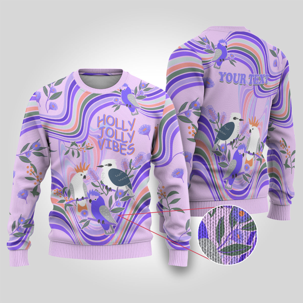 personalised-australia-hippie-christmas-ugly-christmas-sweater-cockatoo-kookaburra-with-wattle-violet-pastel-color