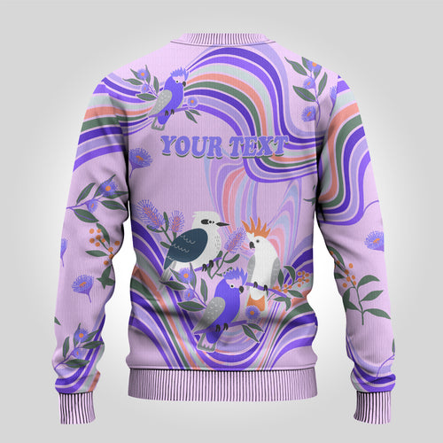 personalised-australia-hippie-christmas-ugly-christmas-sweater-cockatoo-kookaburra-with-wattle-violet-pastel-color
