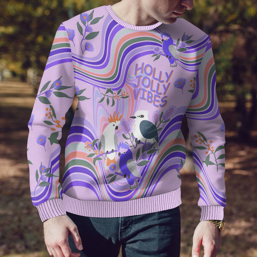 personalised-australia-hippie-christmas-ugly-christmas-sweater-cockatoo-kookaburra-with-wattle-violet-pastel-color