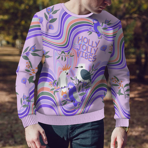 personalised-australia-hippie-christmas-ugly-christmas-sweater-cockatoo-kookaburra-with-wattle-violet-pastel-color