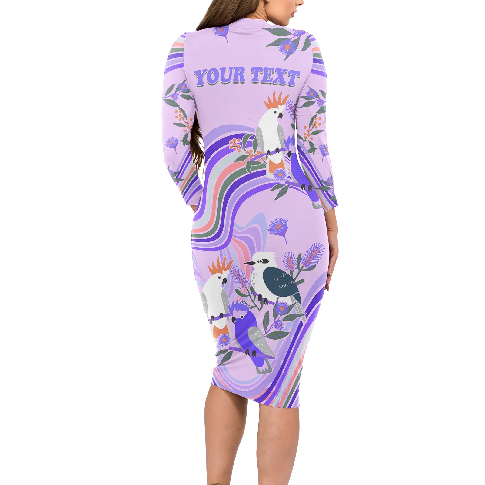 personalised-australia-hippie-christmas-long-sleeve-bodycon-dress-cockatoo-kookaburra-with-wattle-violet-pastel-color