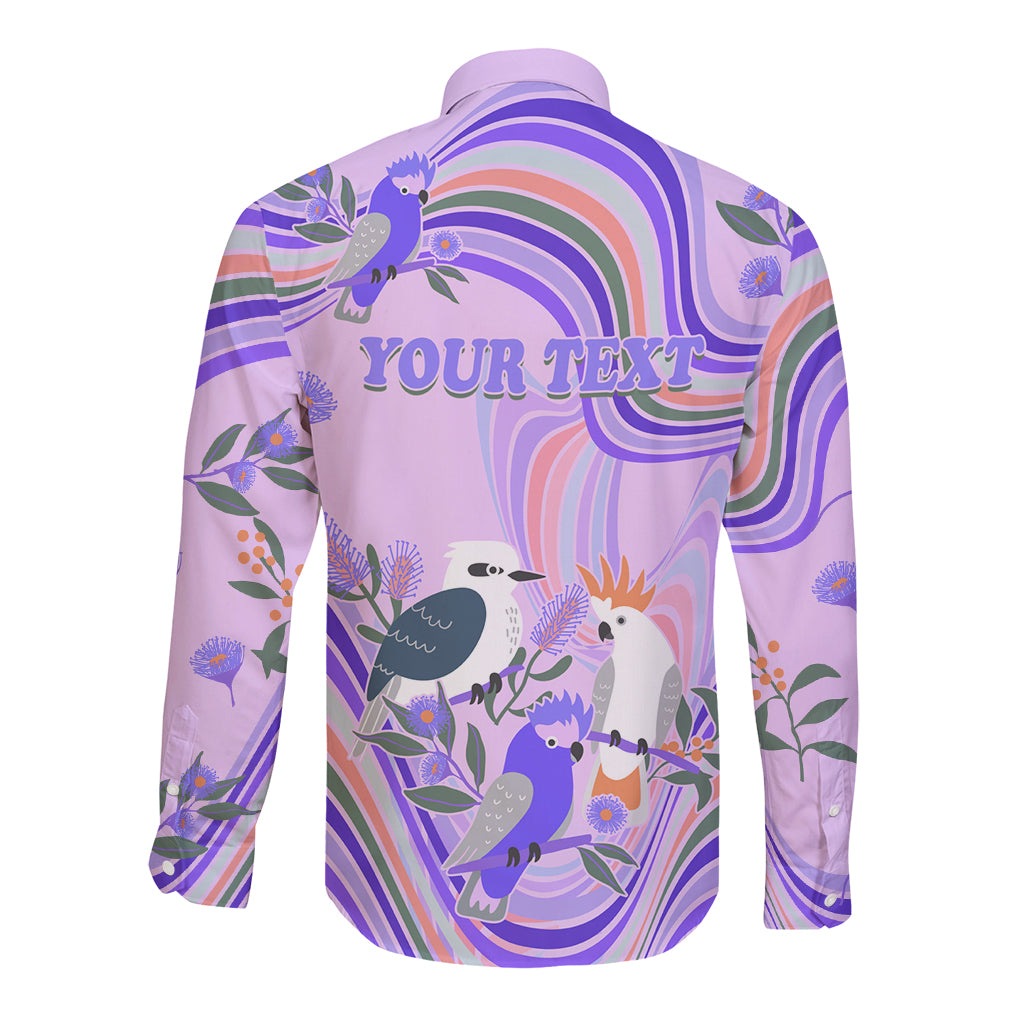 personalised-australia-hippie-christmas-long-sleeve-button-shirt-cockatoo-kookaburra-with-wattle-violet-pastel-color