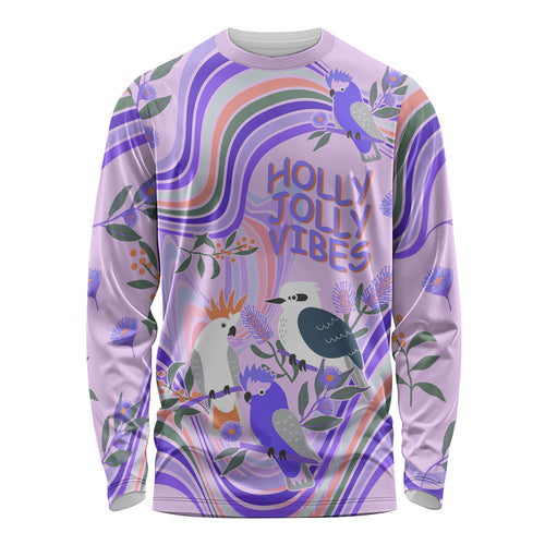 personalised-australia-hippie-christmas-long-sleeve-shirt-cockatoo-kookaburra-with-wattle-violet-pastel-color