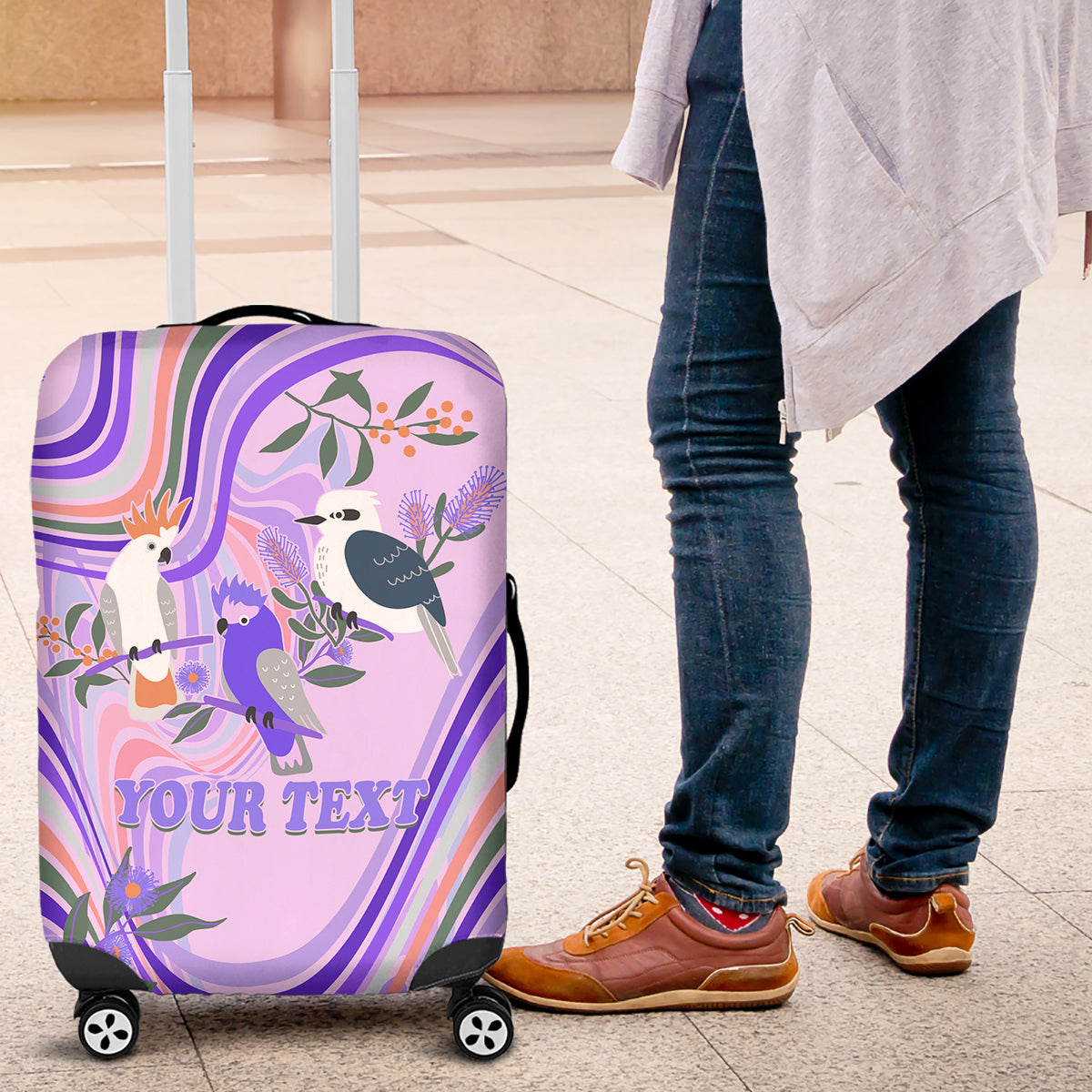 personalised-australia-hippie-christmas-luggage-cover-cockatoo-kookaburra-with-wattle-violet-pastel-color