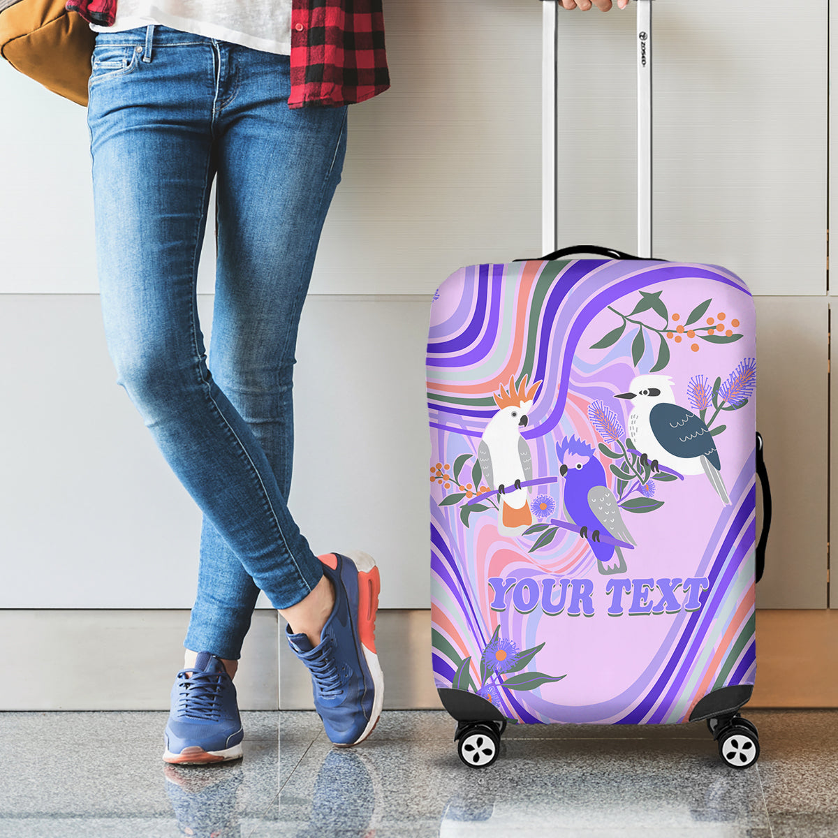 personalised-australia-hippie-christmas-luggage-cover-cockatoo-kookaburra-with-wattle-violet-pastel-color