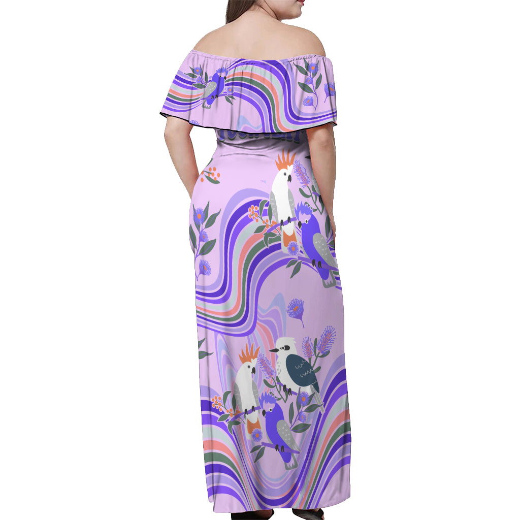personalised-australia-hippie-christmas-off-shoulder-maxi-dress-cockatoo-kookaburra-with-wattle-violet-pastel-color