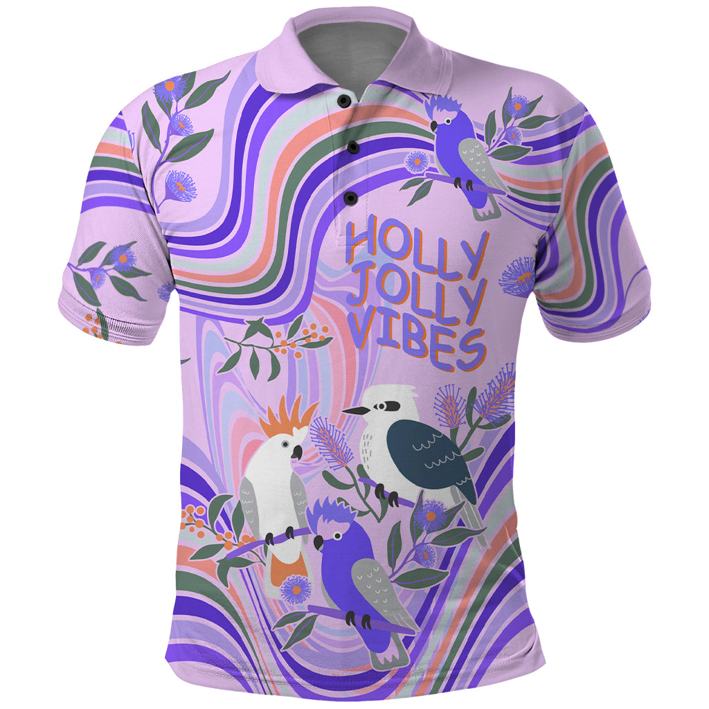 personalised-australia-hippie-christmas-polo-shirt-cockatoo-kookaburra-with-wattle-violet-pastel-color