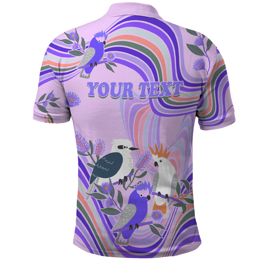 personalised-australia-hippie-christmas-polo-shirt-cockatoo-kookaburra-with-wattle-violet-pastel-color