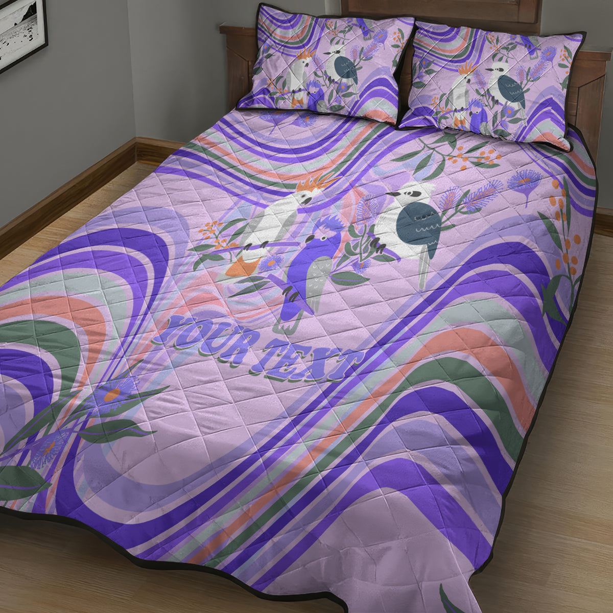 personalised-australia-hippie-christmas-quilt-bed-set-cockatoo-kookaburra-with-wattle-violet-pastel-color