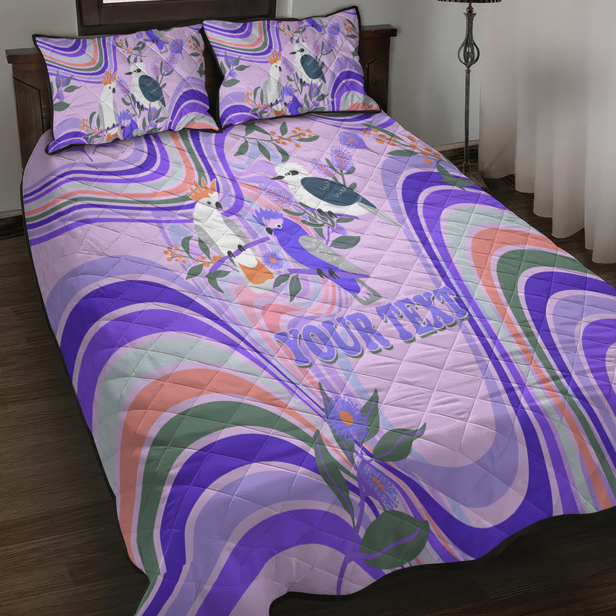 personalised-australia-hippie-christmas-quilt-bed-set-cockatoo-kookaburra-with-wattle-violet-pastel-color